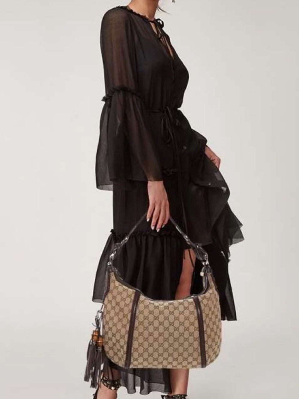 Gucci Beige GG Canvas Shoulder Bag with Brown Trim